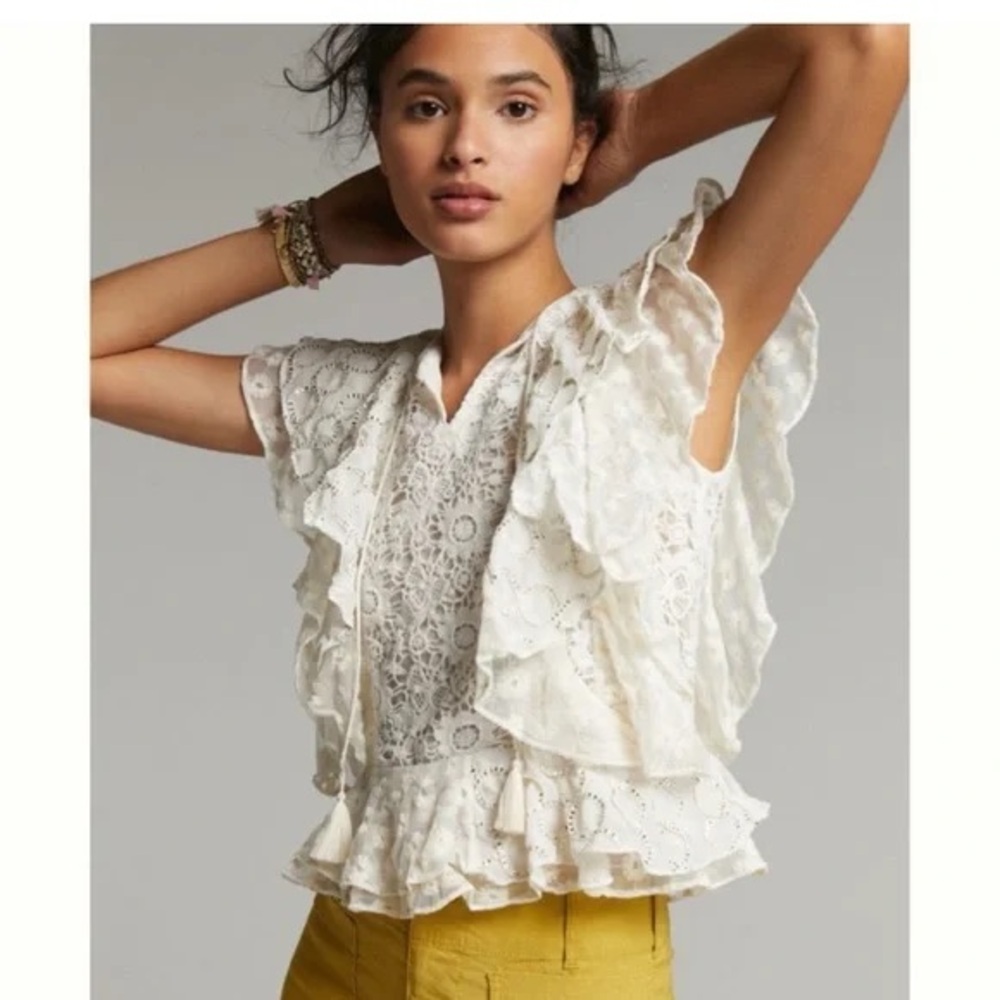 Anthropologie Verb Pallavi Singhee Ruffled Lace Embroidered Ivory Blouse